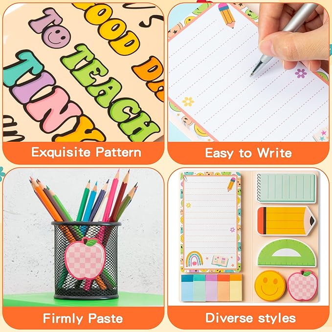 B1ykin Sticky Notes Set - Cartoon Theme Cute Self-Stick Notes Pad Teacher Appreciation Gifts, Self-Adhesive Writing Memo Pages Sticky to Do Notepad for Kids Employee School Office (Retro Teacher)