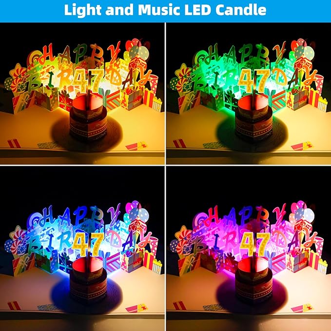 Gumry 47TH Musical Birthday PopUp Card, Blowable Colorful Light Candle 3D Cards with Song, Applause Cheers Sound, Greeting Cards Birthday Gifts Decorations for Women Men Turning 47 Years Old
