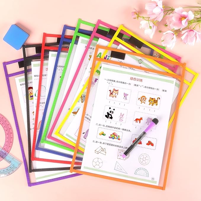 Tamaki 8 Pack Dry Erase Pockets with Rings, 10 x 14 Inch Ticket Holders Clear Plastic Sleeves Sheet Protectors for Teacher Classroom, 8 Assorted Colors