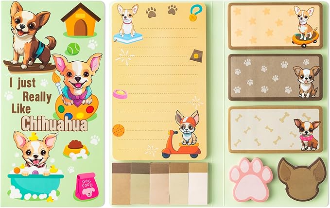 B1ykin Sticky Notes Set - Cartoon Theme Cute Self-Stick Notes Pad Teacher Appreciation Gifts, Self-Adhesive Writing Memo Pages Sticky to Do Notepad for Kids Employee School Office (Chihuahua)