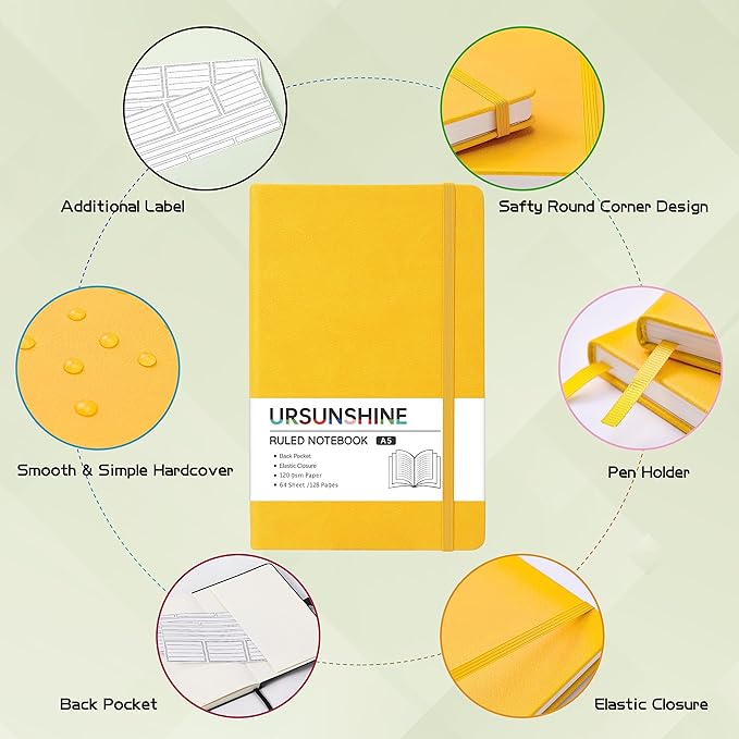 Ruled Notebook/Journal - Classic Lined Journal/Notebook, Hardcover with Thick Paper, 5.3" x 8.26", Banded + Ribbon Bookmark +Inner Pocket - Yellow