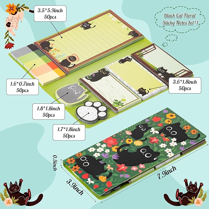 B1ykin Sticky Notes Set - Cartoon Theme Cute Self-Stick Notes Pad Teacher Appreciation Gifts, Self-Adhesive Writing Memo Pages Sticky to Do Notepad for Kids Employee School Office (Black Cat Floral)