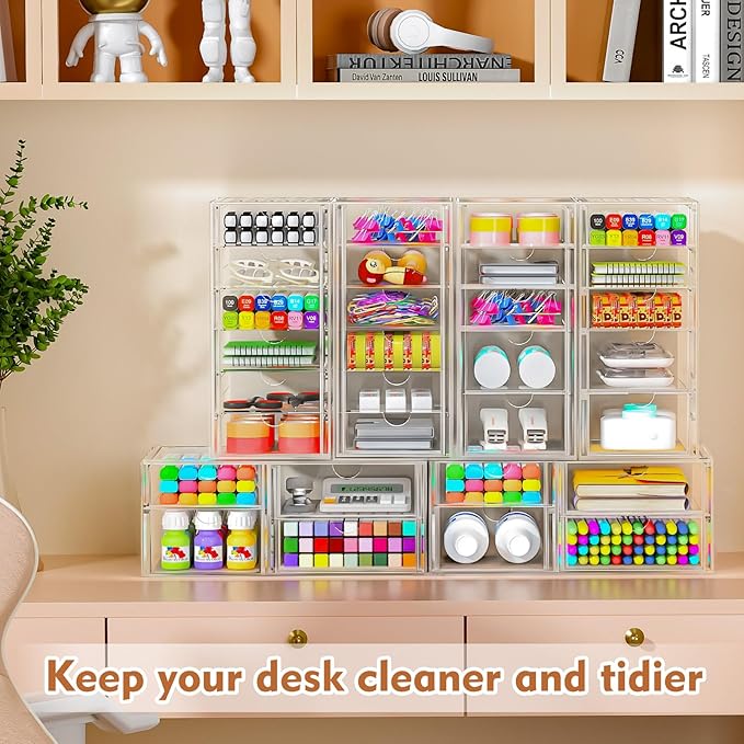 22 Drawers, Acrylic Desk Makeup Organizer, Plastic Drawers Organizer, Stackable Storage Solution for Makeup, Dresser, Office, Bathroom Clear Plastic Craft and Bead Storage Cabinet