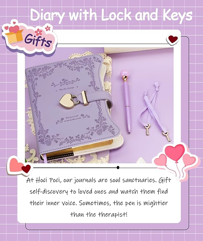 Diary with Lock and Keys for Girls Gift Ideas, 360 Gold Edged Pages Journal for Women, B6 Refillable Notebook for Writing with Pen and Bookmark (Garden Purple)