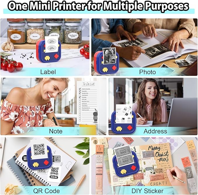 Mini Sticker Printer Building Block Bluetooth Smart Pocket Inkless Thermal Printer with 10 Rolls Paper,Colored Pen&Sticker for iOS&Android,Portable Receipt Printer for Photo Journal Notes Memo