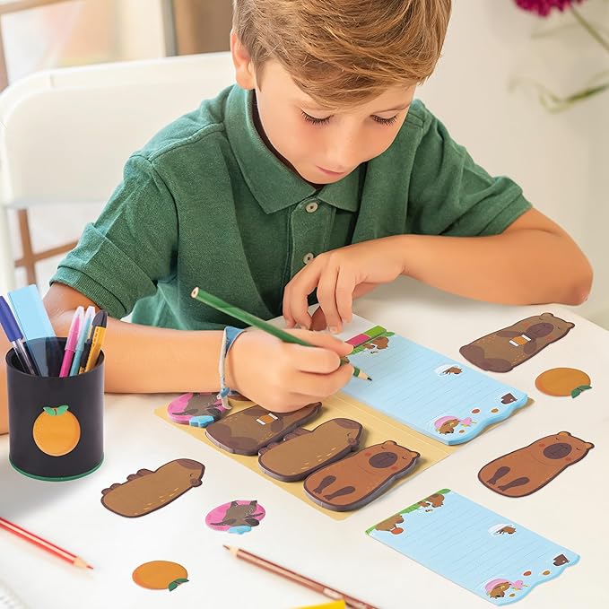 B1ykin Sticky Notes Set - Cartoon Theme Cute Self-Stick Notes Pad Teacher Appreciation Gifts, Self-Adhesive Writing Memo Pages Sticky to Do Notepad for Kids Employee School Office (Capybara)