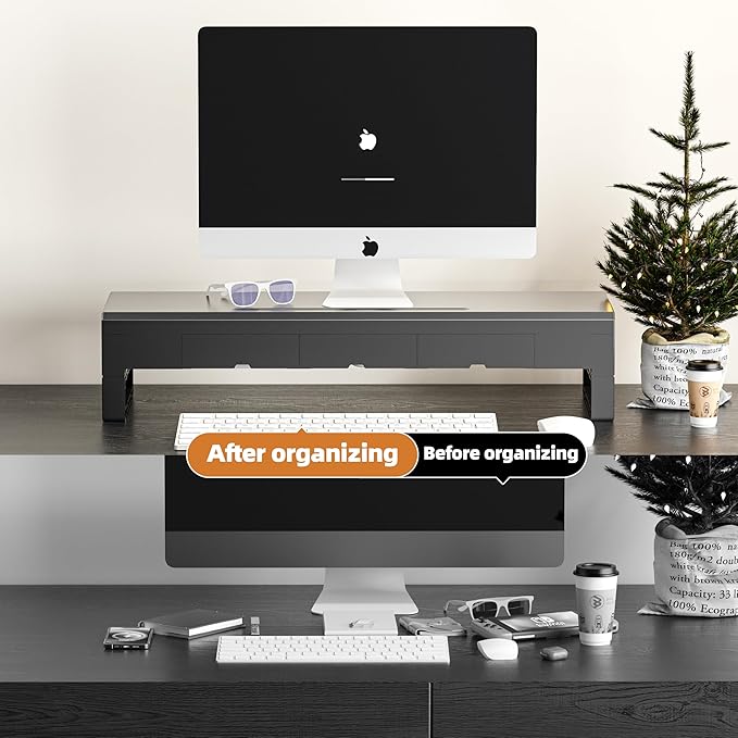 Computer monitor stand with 3 drawer ,Laptop Desk Shelf & Monitor Riser, 27.55 inches long desk riser ,Heavy Duty Gift Gaming Studio Offic (Basic Version, 700mm Drawer)