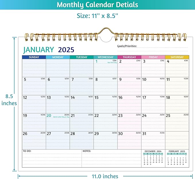 Wall Calendar 2025-2026 – 2 Year Calendar 2025-2026, 11 x 8.5 In, Jan 2025 - Dec 2026, 2025 Calendar 24 Months, Small Monthly Calendar 2025, with Ruled Blocks, Thick Paper, Holidays, To-dos & Notes
