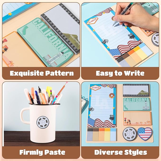 B1ykin Sticky Notes Set - Cartoon Theme Cute Self-Stick Notes Pad Teacher Appreciation Gifts, Self-Adhesive Writing Memo Pages Sticky to Do Notepad for Kids Employee School Office (Los Angeles City)