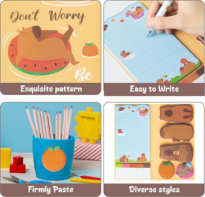 B1ykin Sticky Notes Set - Cartoon Theme Cute Self-Stick Notes Pad Teacher Appreciation Gifts, Self-Adhesive Writing Memo Pages Sticky to Do Notepad for Kids Employee School Office (Capybara)