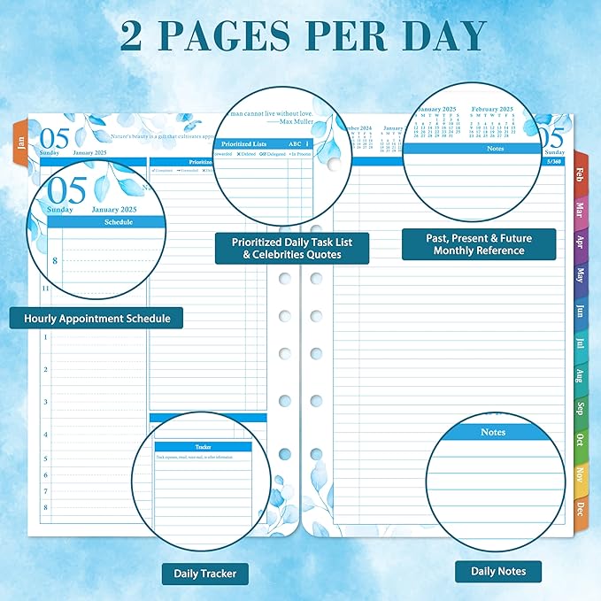 2025 Planner Refills - JAN - DEC 2025 Planner, Two Pages Per Day Daily & Monthly Planner, 5.5" x 8.4", Ring-Bound Organizer, Daily Tracker & Schedule, Colorful Tabs