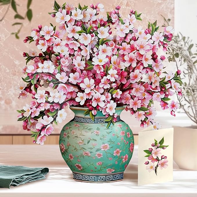 Freshcut Paper Pop Up Cards, Japanese Cherry Blossoms, 12 Inch Life Sized Forever Flower Bouquet 3D Popup Greeting Card, Birthday Cards, Valentine's Day Card, Blank Notecard & Envelope