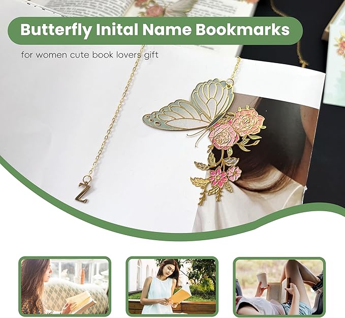 Metal Butterfly Bookmark for Women Cute Book Lovers Gift Butterfly Bookmarks Inital Book Mark Gifts for Reading Women Friend Teacher Appreciation Gifts Mom Birthday Valentines Day Christmas Gift, W