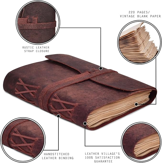 LEATHER VILLAGE Leather Bound Journal - Fuchsia, 13"X8", 220 Pages - Vintage Blank Paper Diary for Writing, Drawing, Sketchbook, and Travel Notebook - Ideal for Women and Men