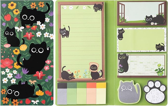 B1ykin Sticky Notes Set - Cartoon Theme Cute Self-Stick Notes Pad Teacher Appreciation Gifts, Self-Adhesive Writing Memo Pages Sticky to Do Notepad for Kids Employee School Office (Black Cat Floral)