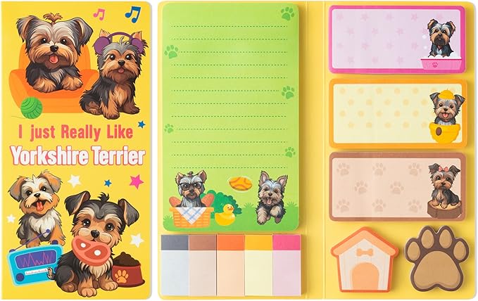 B1ykin Sticky Notes Set - Cartoon Theme Cute Self-Stick Notes Pad Teacher Appreciation Gifts, Self-Adhesive Writing Memo Pages Sticky to Do Notepad for Kids Employee School Office (Yorkshire Terrier)