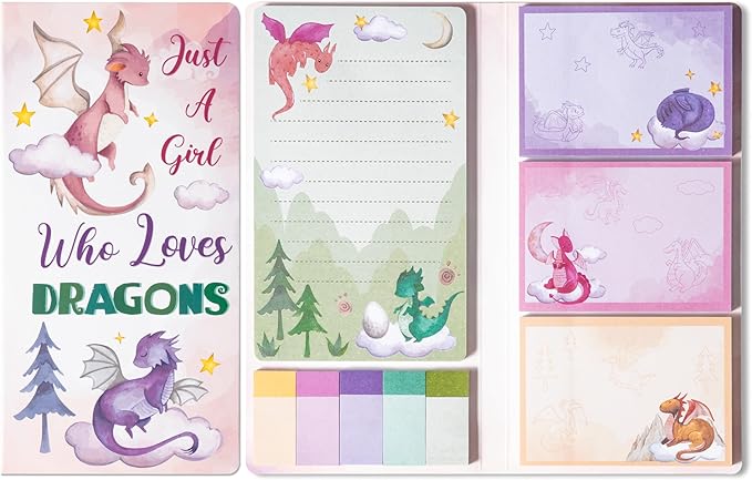 B1ykin Sticky Notes Set - Cartoon Theme Cute Self-Stick Notes Pad Teacher Appreciation Gifts, Self-Adhesive Writing Memo Pages Sticky to Do Notepad for Kids Employee School Office (Watercolor Dragon)