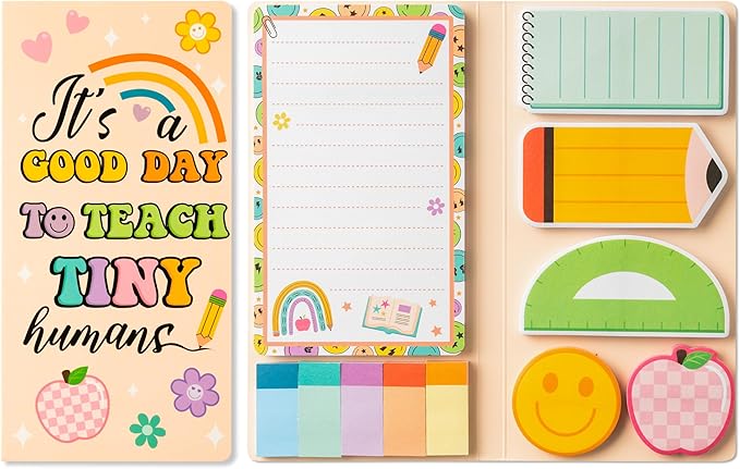 B1ykin Sticky Notes Set - Cartoon Theme Cute Self-Stick Notes Pad Teacher Appreciation Gifts, Self-Adhesive Writing Memo Pages Sticky to Do Notepad for Kids Employee School Office (Retro Teacher)