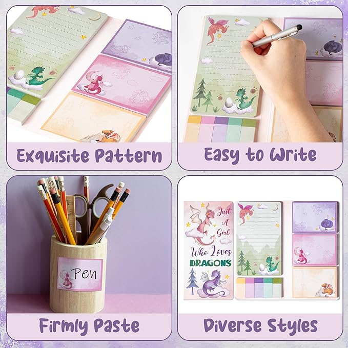 B1ykin Sticky Notes Set - Cartoon Theme Cute Self-Stick Notes Pad Teacher Appreciation Gifts, Self-Adhesive Writing Memo Pages Sticky to Do Notepad for Kids Employee School Office (Watercolor Dragon)