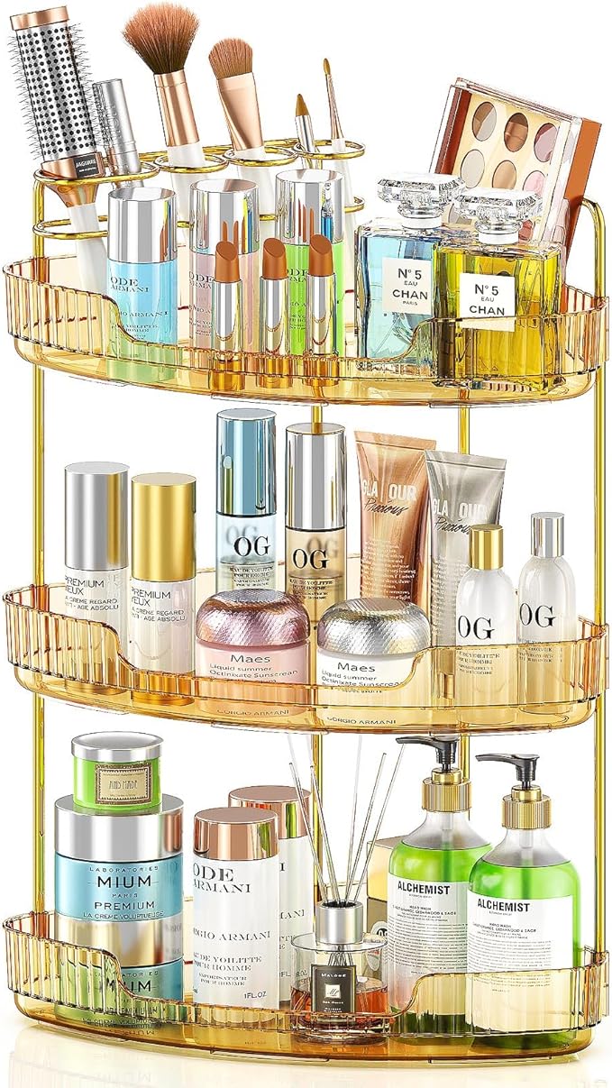 3-Tier Corner Bathroom Counter Organizer Makeup Cosmetic Storage, Tool-Free Installation Acrylic Vanity Shelf, Countertop Storage Organizers Perfume Tray for Bathroom, Dresser, Kitchen (Gold)