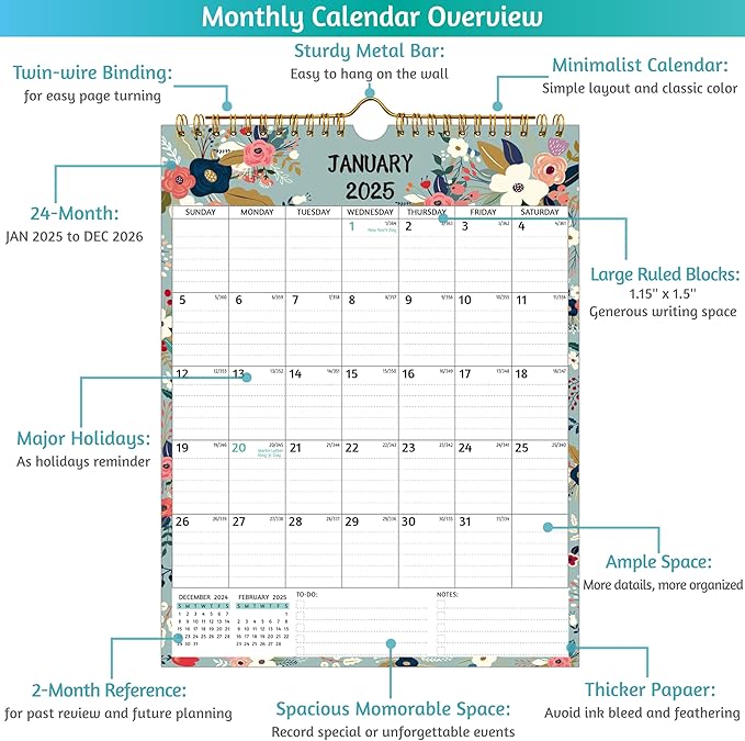 Wall Calendar 2025-2026 – 2 Year Calendar 2025-2026, 8.5 x 11 In, Jan 2025 - Dec 2026, 2025 Calendar 24 Months, Small Monthly Calendar 2025 Vertical, Ruled Blocks, Thick Paper, Holidays, To-do & Notes