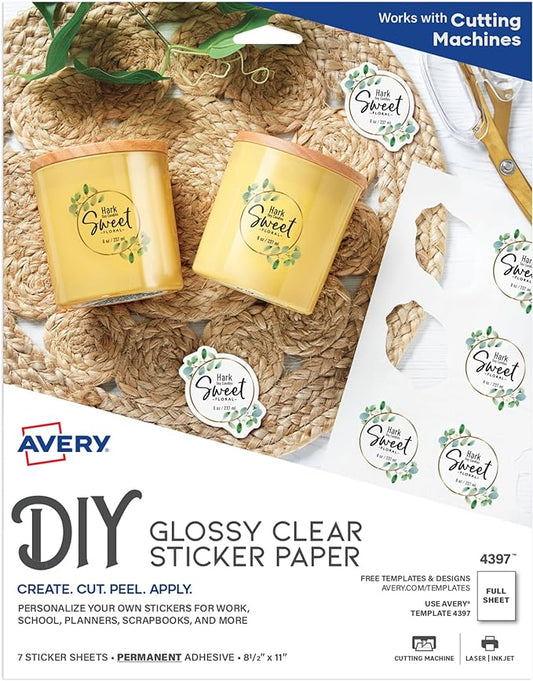 Avery Printable Sticker Paper, 8.5" x 11", Laser & Inkjet Printers, Glossy Clear, 7 Sticker Sheets (4397)
