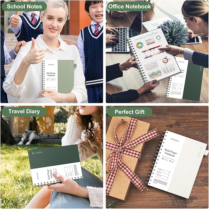 EMSHOI Lined Spiral Journal Notebook, A5 College Ruled Notebook, 300 Pages/150 Sheets, 100gsm Acid-Free Paper, Waterproof Softcover Notebook for School, Work, Note Taking, 5.7" × 8.22" - Light Green