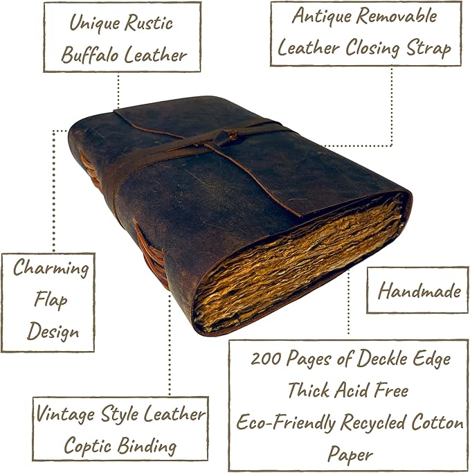 Vintage Leather Journal - 200 pages Deckle Edge Rustic Paper - Unlined Pages Book of Shadows, Grimoire, Junk Notebook, Fantasy Medieval Gifts, Sketchbook, Antique Scrapbook (Dark Brown, 9"x6")