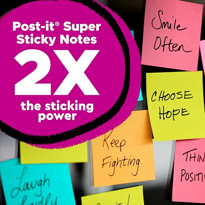 Post-it Super Sticky Notes, 8 Sticky Note Pads, 1.875 x 1.875 in., School Supplies, Office Products, Sticky Notes for Vertical Surfaces, Monitors, Walls and Windows, Supernova Neons Collection
