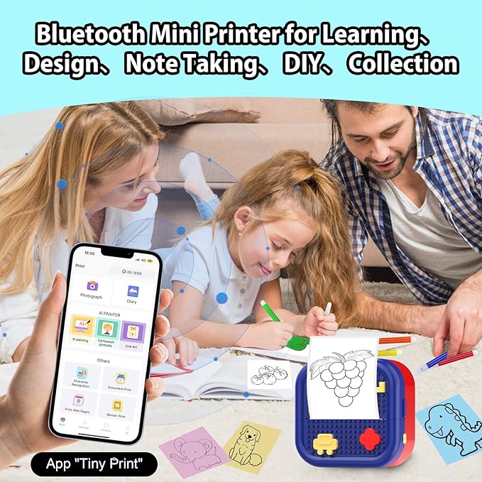 Mini Sticker Printer Building Block Bluetooth Smart Pocket Inkless Thermal Printer with 10 Rolls Paper,Colored Pen&Sticker for iOS&Android,Portable Receipt Printer for Photo Journal Notes Memo