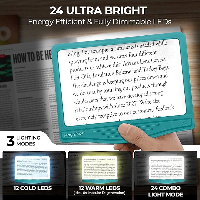 MAGNIPROS 5X Large LED Full Page Magnifying Glass with Collapsible & Detachable Stand | 3 Color Modes & Anti-Glare Lens to Reduce Eye Strain- Ideal for Reading Fine Print, Crafting, Low Vision