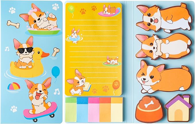 B1ykin Sticky Notes Set - Cartoon Theme Cute Self-Stick Notes Pad Teacher Appreciation Gifts, Self-Adhesive Writing Memo Pages Sticky to Do Notepad for Kids Employee School Office (Corgi)