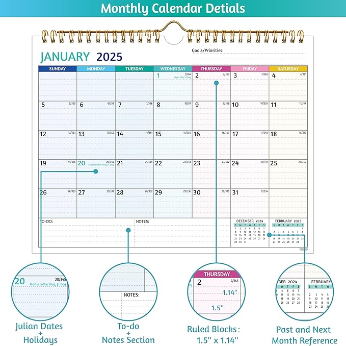 Wall Calendar 2025-2026 – 2 Year Calendar 2025-2026, 11 x 8.5 In, Jan 2025 - Dec 2026, 2025 Calendar 24 Months, Small Monthly Calendar 2025, with Ruled Blocks, Thick Paper, Holidays, To-dos & Notes