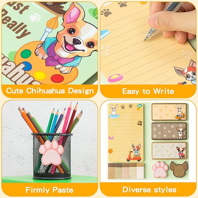 B1ykin Sticky Notes Set - Cartoon Theme Cute Self-Stick Notes Pad Teacher Appreciation Gifts, Self-Adhesive Writing Memo Pages Sticky to Do Notepad for Kids Employee School Office (Chihuahua)