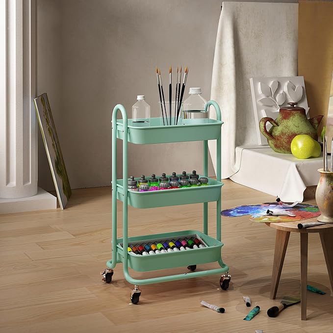 3-Tier Green Utility Rolling Cart,Kitchen Storage Carts with Wheels,Green Metal Rolling Cart for Office,Home,Kitchen,Garden๏ผ18"x11.4"x31.2"๏ผ