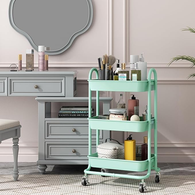 3-Tier Green Utility Rolling Cart,Kitchen Storage Carts with Wheels,Green Metal Rolling Cart for Office,Home,Kitchen,Garden๏ผ18"x11.4"x31.2"๏ผ