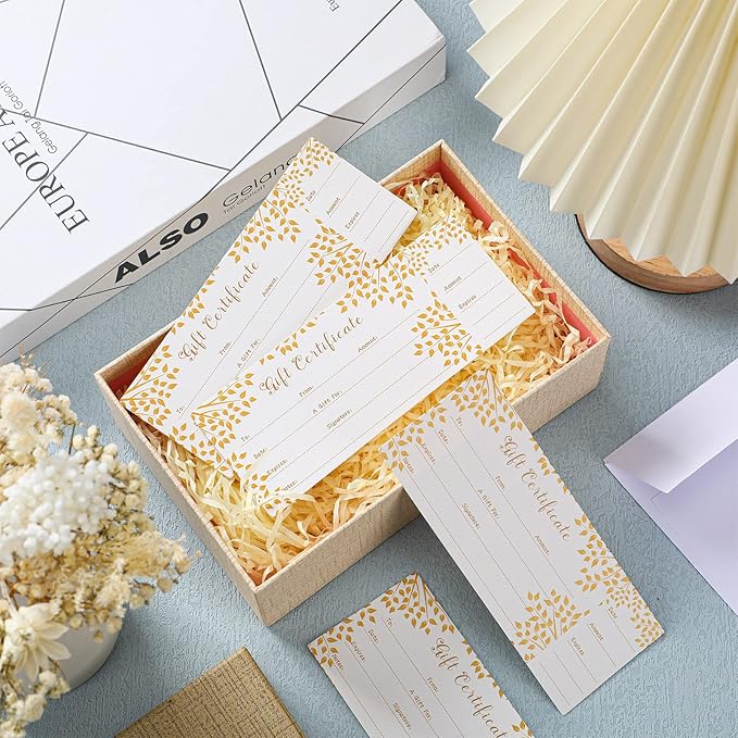 Sinmoe 50 Sets Gift Certificate for Business with 50 Pcs Envelopes Blank Gift Certificate Cards with Name and Address Rustic for Beauty Salon Restaurants Birthday(4.72 x 2.36 Inch, Branch Style)