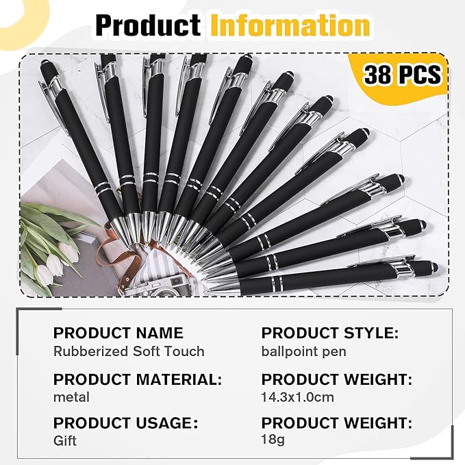 Zonon 38 Pieces Rubberized Ballpoint Pen with Stylus Tip Stylish Metal Pen Capactive Styli with Soft Rubberized Grip, Black Ink for Most Devices(Black)