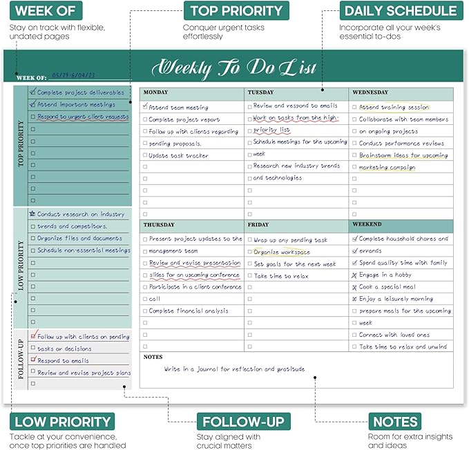 Weekly To Do List Notepad with 52 Tear Off Sheets(8.5"×11")- Undated Weekly Desk Planner for Women & Man,Work and Home-Greenery Sway