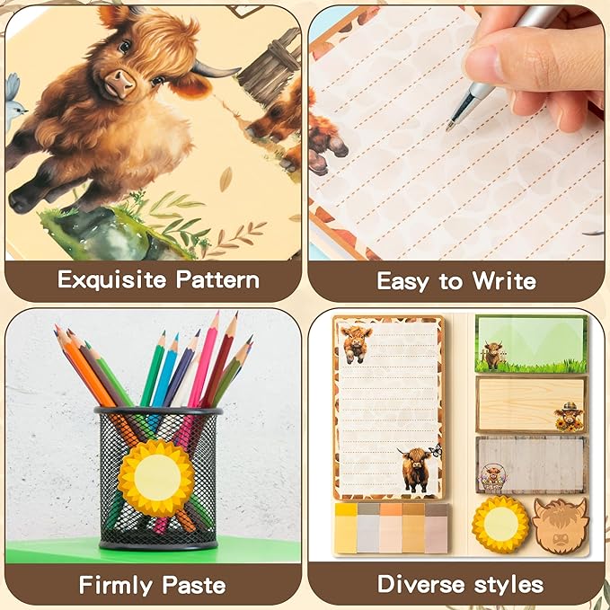 B1ykin Sticky Notes Set - Cartoon Theme Cute Self-Stick Notes Pad Teacher Appreciation Gifts, Self-Adhesive Writing Memo Pages Sticky to Do Notepad for Kids Employee School Office (Highland Cow)