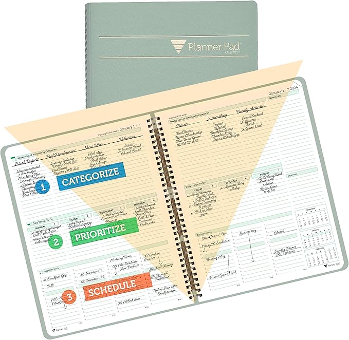Planner Pad Spiral Bound 3-Tier Funnel Down 12 Month Organizer, Calendar Year (January - December 2024), Greenish Grey Cover/Soft Green Ink, 8 1/2" x 11"