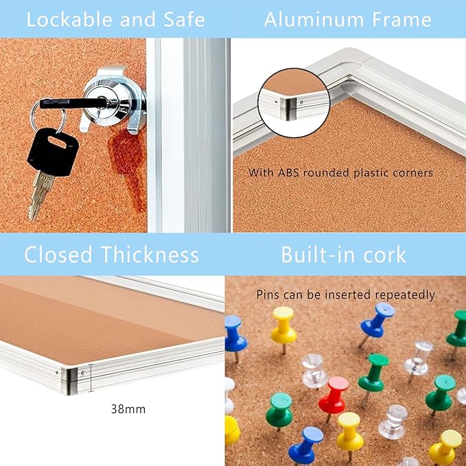 Lockable Ctosree Enclosed Bulletin Board - Waterproof Cork Notice Board with Aluminum Frame and Mounting Screws. Ideal for School Classes、 Offices, Wall Mounted (36x24, Natural Color)