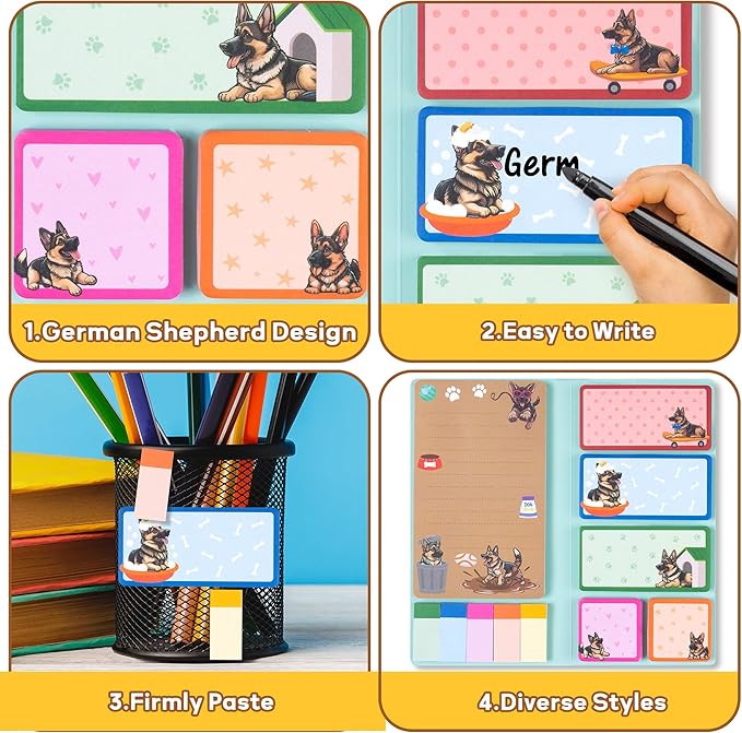 B1ykin Sticky Notes Set - Cartoon Theme Cute Self-Stick Notes Pad Teacher Appreciation Gifts, Self-Adhesive Writing Memo Pages Sticky to Do Notepad for Kids Employee School Office (German Shepherd)