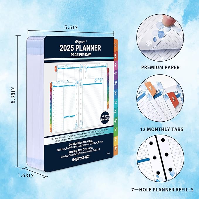 2025 Planner Refills - JAN - DEC 2025 Planner, Two Pages Per Day Daily & Monthly Planner, 5.5" x 8.4", Ring-Bound Organizer, Daily Tracker & Schedule, Colorful Tabs
