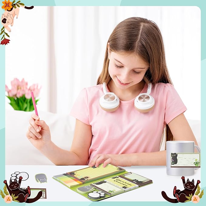 B1ykin Sticky Notes Set - Cartoon Theme Cute Self-Stick Notes Pad Teacher Appreciation Gifts, Self-Adhesive Writing Memo Pages Sticky to Do Notepad for Kids Employee School Office (Black Cat Floral)