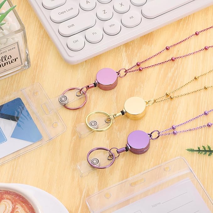 Lanyards for Id Badges 3 Pack Badge Lanyard with 6 Pcs Id Badge Holder Retractable Stainless Steel Teacher Lanyards Cruise Ship Essentials for Girl Women (Gold, Pink, Purple)