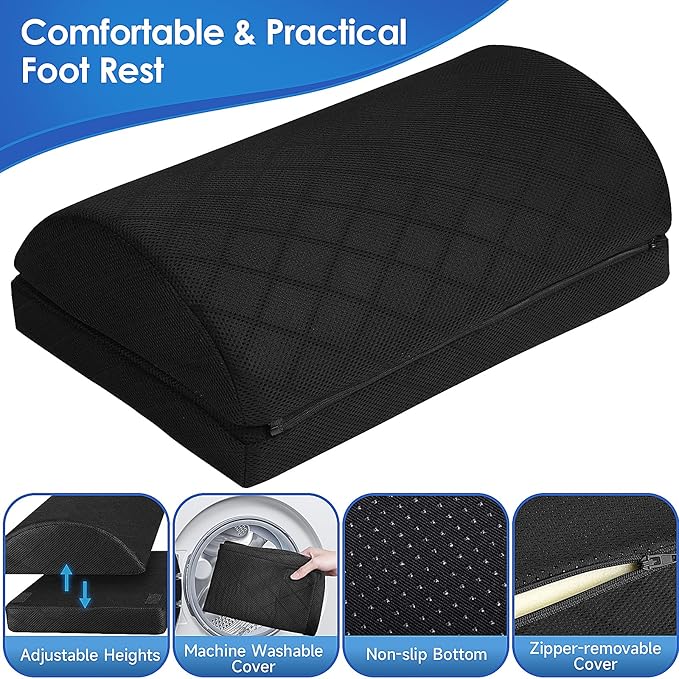 Foot Rest for Under Desk at Work Adjustable Foam for Office and Home, Office Desk Accessories,Comfortable Footrest with 2 Adjustable Heights,Back & Hip Pain Relief (Black)