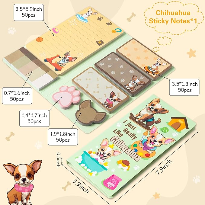 B1ykin Sticky Notes Set - Cartoon Theme Cute Self-Stick Notes Pad Teacher Appreciation Gifts, Self-Adhesive Writing Memo Pages Sticky to Do Notepad for Kids Employee School Office (Chihuahua)