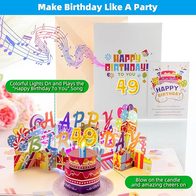 Gumry 49TH Musical Birthday PopUp Card, Blowable Colorful Light Candle 3D Cards with Song, Applause Cheers Sound, Greeting Cards Birthday Gifts Decorations for Women Men Turning 49 Years Old