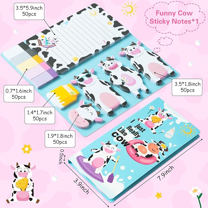 B1ykin Sticky Notes Set - Cartoon Theme Cute Self-Stick Notes Pad Teacher Appreciation Gifts, Self-Adhesive Writing Memo Pages Sticky to Do Notepad for Kids Employee School Office (Funny Cow)
